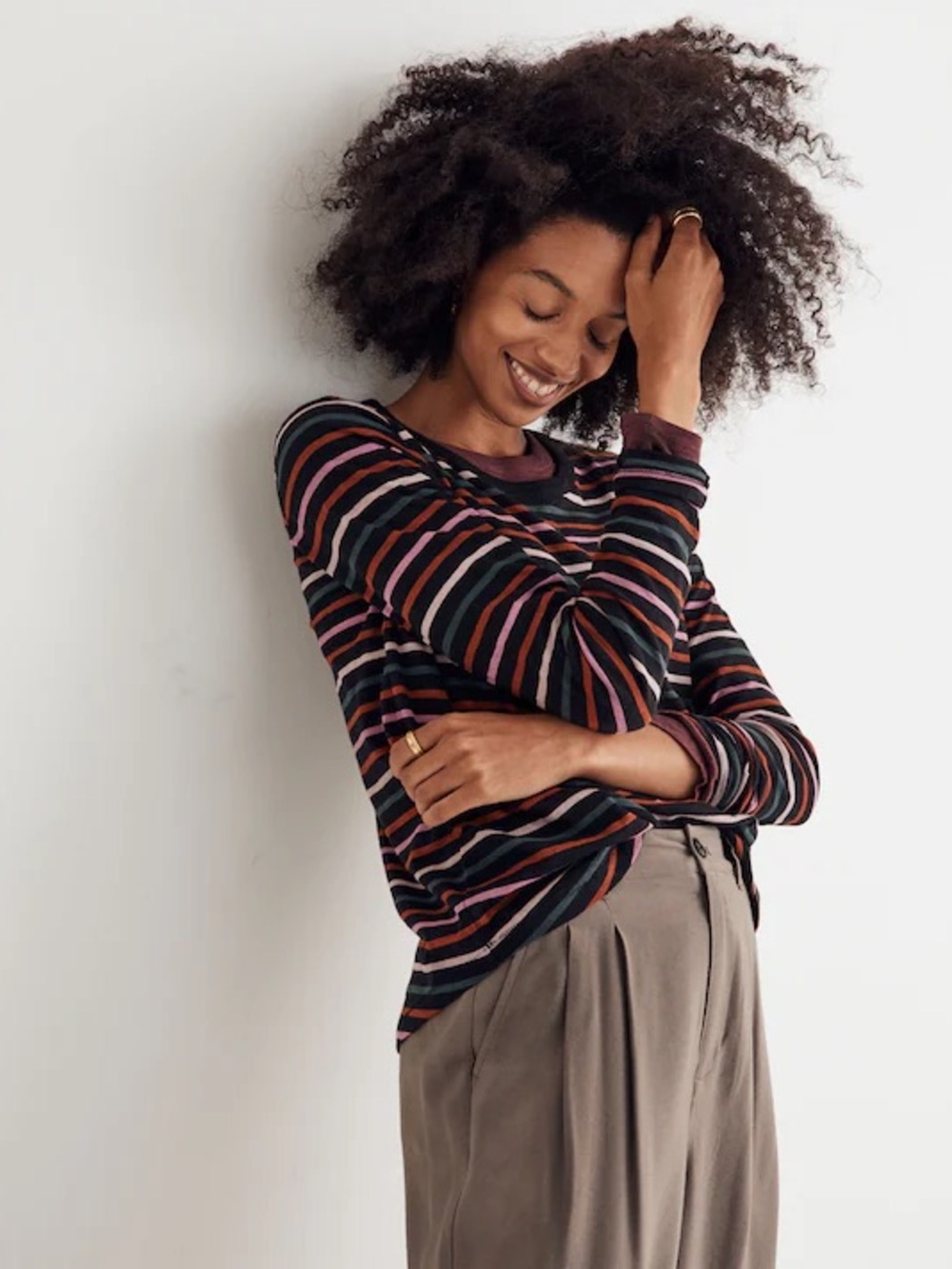 Madewell Whisper Cotton Rib Crewneck Stripe Long Sleeve Tee | True Black | XS - Picture 3 of 8